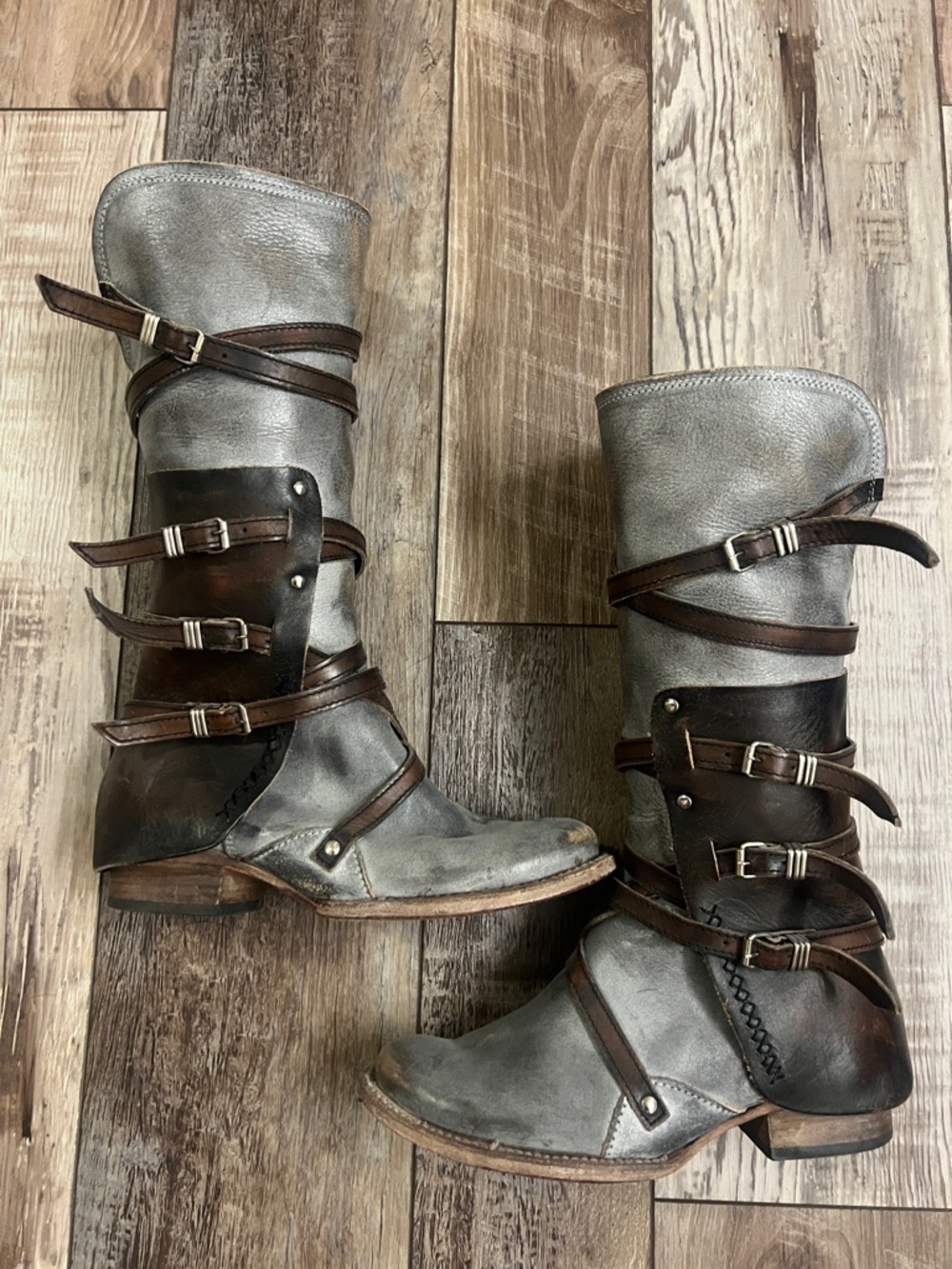 Freebird by Steven Gray Leather Mid-Calf Boots with Brown Strap Accents Riley